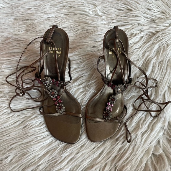 Stuart Weitzman Bronze Leather Crystal Embellished Square Toe Lace Up Sandals 8 - Picture 6 of 12